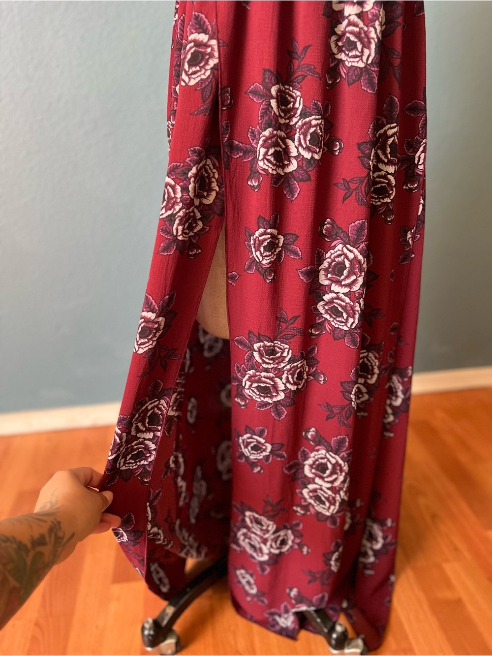 Miley & Molly Women’s Smocked Strapless Maxi Dress in Burgundy Floral front slit - Picture 3 of 8